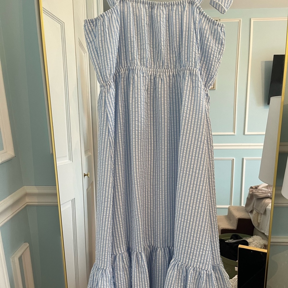 Elegant Blue and White Striped Midi Dress
